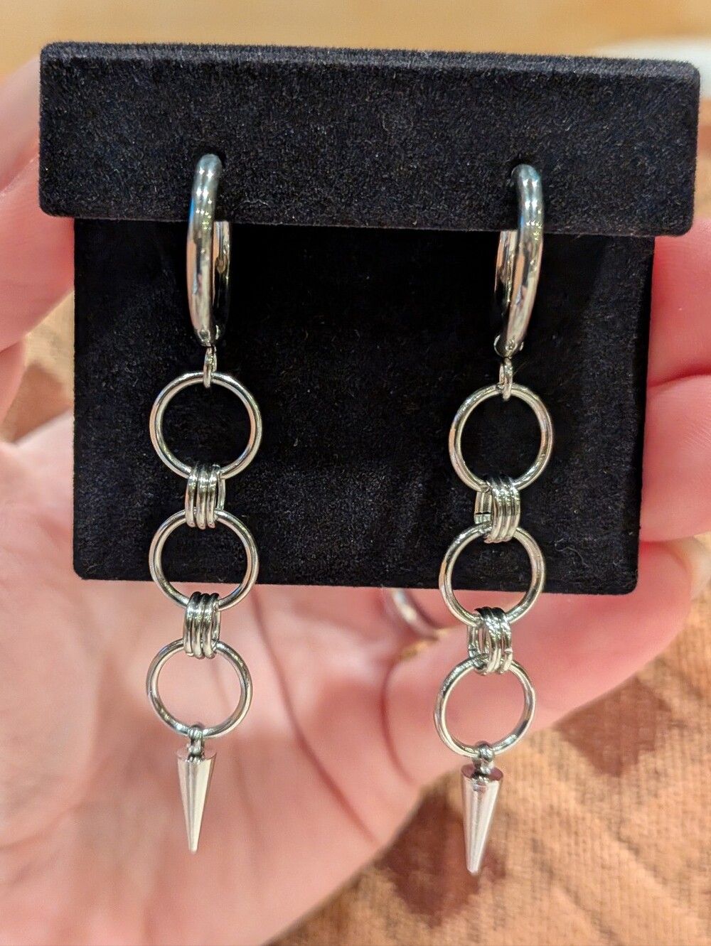 Silver Tone Linked Hoop Drop Earrings with Spike Accent